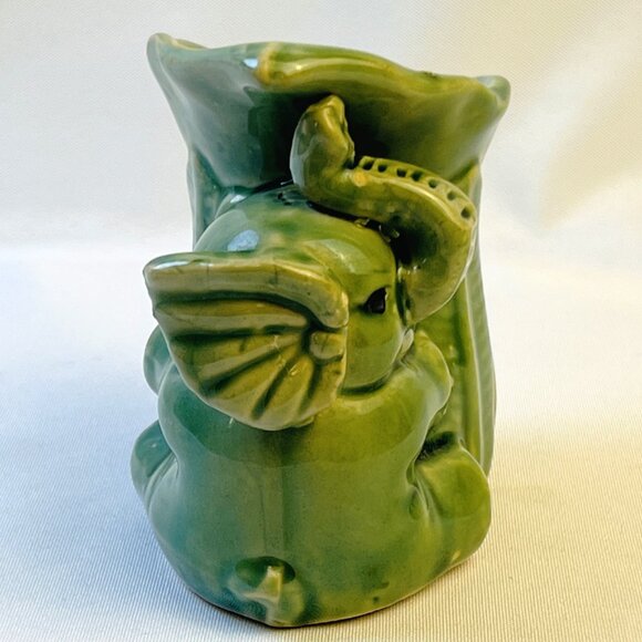 Vintage Green Ceramic Baby Elephant Planter Hugging Leaf Design 4” USA - Picture 5 of 7